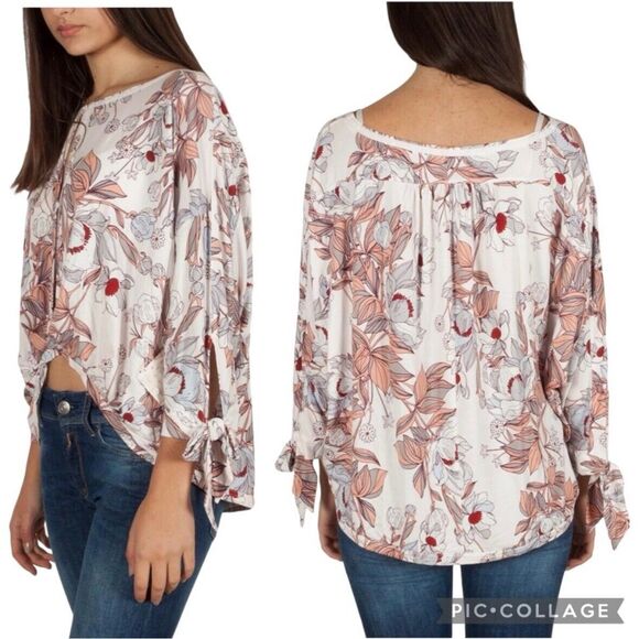 Free People Keepin On Top White Pink Floral Tie Sleeve Knit Blouse Boho Sz M - Picture 3 of 10